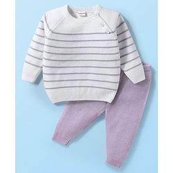 Babyhug Knitted Full Raglan Sleeves Striped Sweater Set - White & Purple