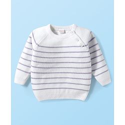 Babyhug Knitted Full Raglan Sleeves Striped Sweater Set - White & Purple