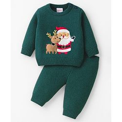 Babyhug Knit Full Sleeves Pullover Sweater Set with Reindeer & Santa Patch Embroidery - Dark Green