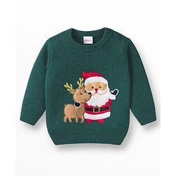 Babyhug Knit Full Sleeves Pullover Sweater Set with Reindeer & Santa Patch Embroidery - Dark Green