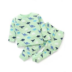 Babyhug Cotton Knit Full Sleeves Dino Printed Night Suit - Green