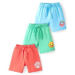 Babyhug Cotton Knit Shorts Emoji & Text Print Pack Of 3 - Blue Green & Red