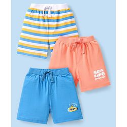 Babyhug Cotton Knit Shorts Submarine Printed and Striped Pack of 3 - Multicolour