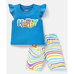 Babyhug Cotton Knit Frill Sleeves Capri Night Suit With Text Print - Blue