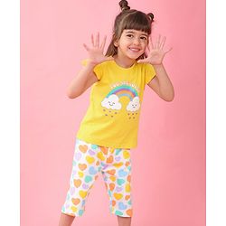 Babyhug Cotton Knit Cap Sleeves Capri Night Suit With Heart Print - Yellow