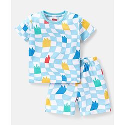 Babyhug Single Jersey Half Sleeves Night Suit Checks Print - Blue