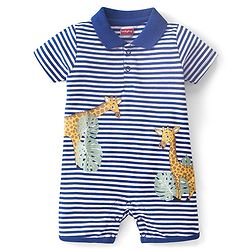 Babyhug 100% Cotton Knit Half Sleeves Romper Giraffe Print - Navy Blue