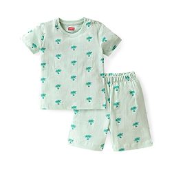 Babyhug Single Jersey Cotton Knit Half Sleeves Tree Printed Night Suit - Sea Green