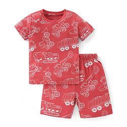 Babyhug Cotton Knit Single Jersey Half Sleeves Night Suit With Construction Vehicle Print - Red