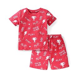 Babyhug Cotton Knit Half Sleeves Night Suit With Video Game Console Print- Red