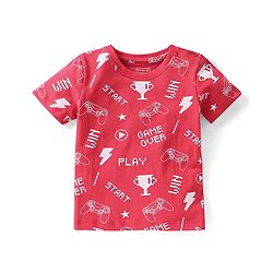 Babyhug Cotton Knit Half Sleeves Night Suit With Video Game Console Print- Red
