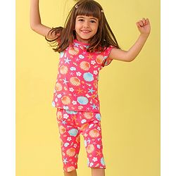Babyhug Cotton Knit Frill Sleeves Sea Shells Printed Night Suit - Pink