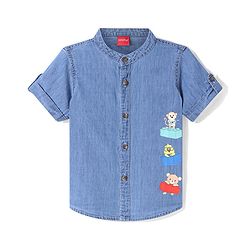 Babyhug Half Sleeves Mandarin Collar Denim Shirt with Animals Print - Light Blue