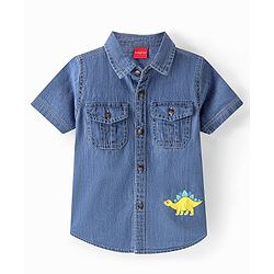 Babyhug Cotton Woven Half Sleeves Regular Collar Dino Printed Denim Shirt - Mid Blue