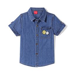 Babyhug Half Sleeves Denim Shirt with Smiley Patch - Dark Blue