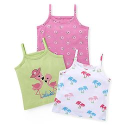Babyhug 100% Cotton Knit Singlet Sleeves Slips with Floral & Flamingos Print Pack of 3 - Pink White & Green
