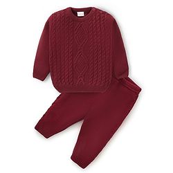 Babyhug Knitted Full Sleeves Sweater Set with Cable Knit Design - Maroon