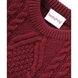 Babyhug Knitted Full Sleeves Sweater Set with Cable Knit Design - Maroon