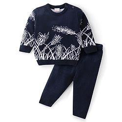 Babyhug Knitted Full Sleeves Sweater Set With Leaf Design - Navy Blue