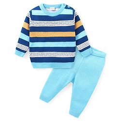 Babyhug Knitted Full Sleeves Sweater Set With Stripes - Blue