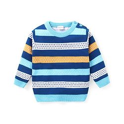 Babyhug Knitted Full Sleeves Sweater Set With Stripes - Blue