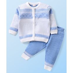 Babyhug Knit Full Sleeves Front Open Sweater and Pant Set Chevron Design - Off White