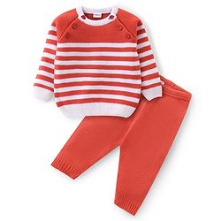 Babyhug Knitted Raglan Sleeves Striped Sweater Set - White & Rust