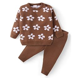 Babyhug Knit Full Sleeves Pullover Sweater & Pant Set Floral Design - Brown
