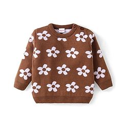 Babyhug Knit Full Sleeves Pullover Sweater & Pant Set Floral Design - Brown