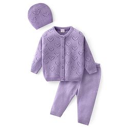 Babyhug Knit Full Sleeves Front Open Sweater Set with Hearts Design - Purple
