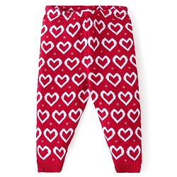 Babyhug Knit Full Length Fleece Bottom Hearts Printed - Red