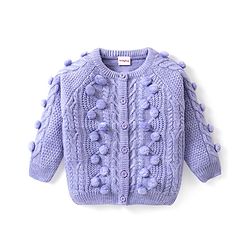 Babyhug Knitted Full Sleeves Front Open Sweater with Pom Pom & Cable  Knit Detailing - Lavender
