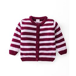 Babyhug Knitted Full Sleeves Front Open Striped Sweater - Pink