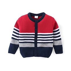 Babyhug Knitted Full Sleeves Front Open Striped Sweater - Red & Navy Blue