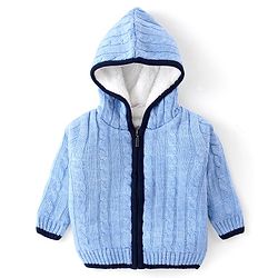 Babyhug Full Sleeves Front Open Hooded Cable Knit Sweater - Blue