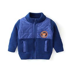 Babyhug Knitted Full Sleeves High Neck Front Open Sweater with Cable Knit Design & Tiger Patch Detailing - Blue