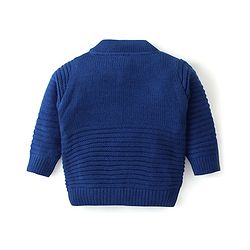 Babyhug Knitted Full Sleeves High Neck Front Open Sweater with Cable Knit Design & Tiger Patch Detailing - Blue
