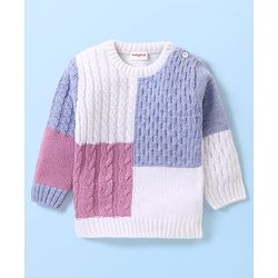 Babyhug Knit Full Sleeves Color Block Sweater - Purple & White