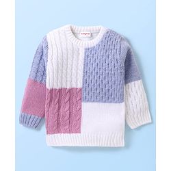 Babyhug Knit Full Sleeves Color Block Sweater - Purple & White