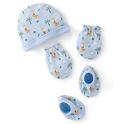 Babyhug 100% Cotton Cap Mittens & Booties Set Giraffe Print  - Blue