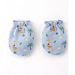 Babyhug 100% Cotton Cap Mittens & Booties Set Giraffe Print  - Blue