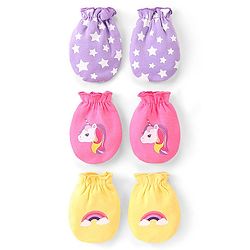 Babyhug 100% Cotton Knit Stars & Unicorn Printed Mittens Pack of 3 - Purple Pink & Yellow