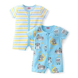 Babyhug 100% Cotton Knit Frill Sleeves Striped & Bear Printed Rompers Pack of 2 - Yellow & Blue