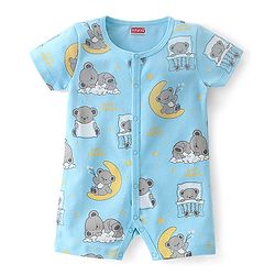 Babyhug 100% Cotton Knit Frill Sleeves Striped & Bear Printed Rompers Pack of 2 - Yellow & Blue