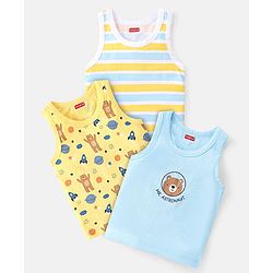 Babyhug 100 % Cotton Knit Sleeveless Sando with Striped & Teddy  Print Pack Of 3 - Yellow & Blue