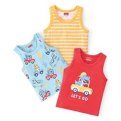 Babyhug 100% Cotton Sleeveless Sando with Striped & Dino Print Pack of 3 - Red Yellow & Blue