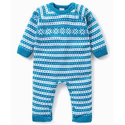 Babyhug Knitted Full Raglan Sleeves Striped & Floral Design Winter Wear Romper - Blue