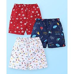 Babyhug Cotton Woven Boxer With Stars & Paper Airplane Print Pack Of 3 - Red Navy Blue & White