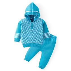Babyhug Knit Full Sleeves All Over Design Hooded Sweater & Pant Set - Aqua Blue