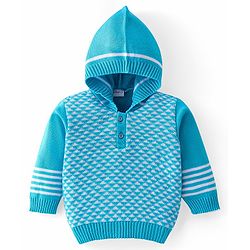 Babyhug Knit Full Sleeves All Over Design Hooded Sweater & Pant Set - Aqua Blue